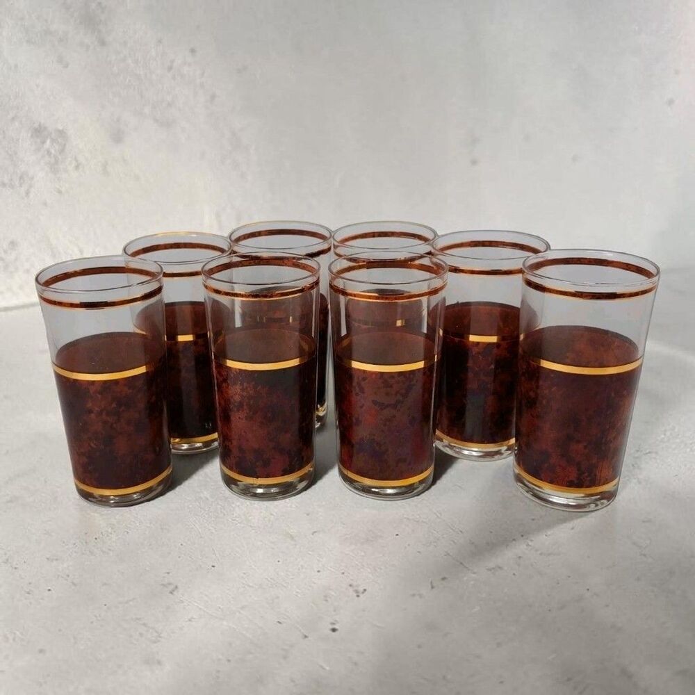 Culver Tortoiseshell Brazilian Brown Highball Glasses 22K Gold Barware Set of 8